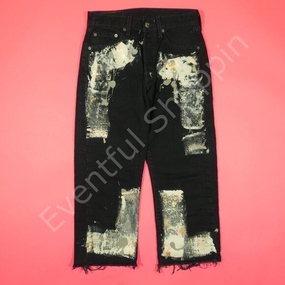 Vintage Levis 501 Jeans Womens 26 Black Cropped Painted Fray Original 90s - Picture 2 of 9